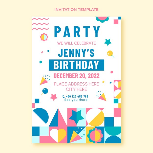 Invitación de cumpleaños de mosaico de diseño plano