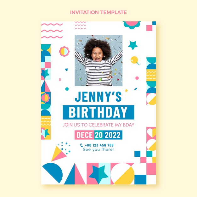 Invitación de cumpleaños de mosaico de diseño plano