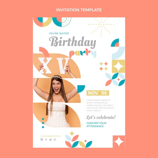 Vector gratuito invitación de cumpleaños de mosaico de estilo plano