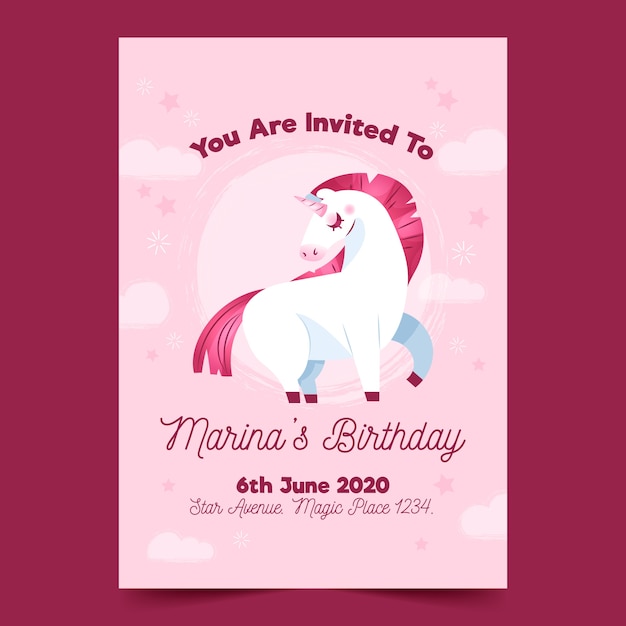 Invitación de cumpleaños para niños con plantilla de unicornio