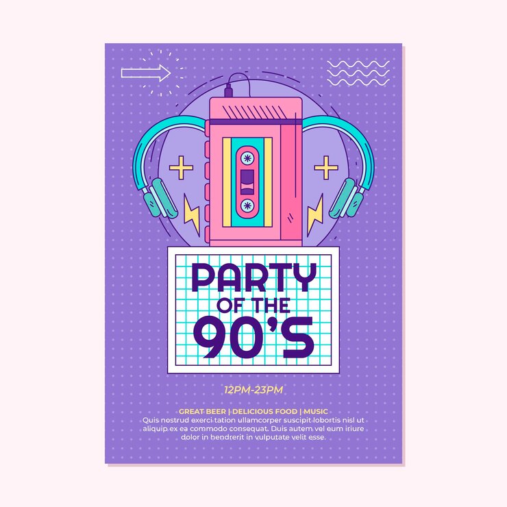 Vector gratuito invitación de cumpleaños nostálgica de los 90 dibujada a mano