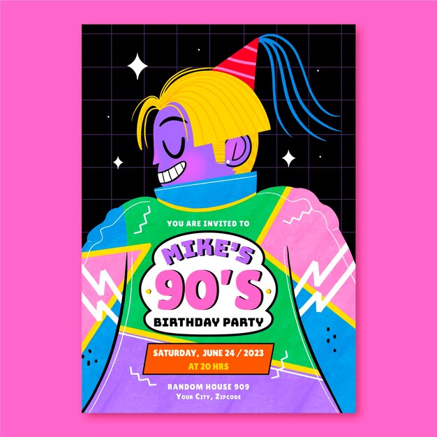 Invitación de cumpleaños nostálgica de los 90 dibujada a mano