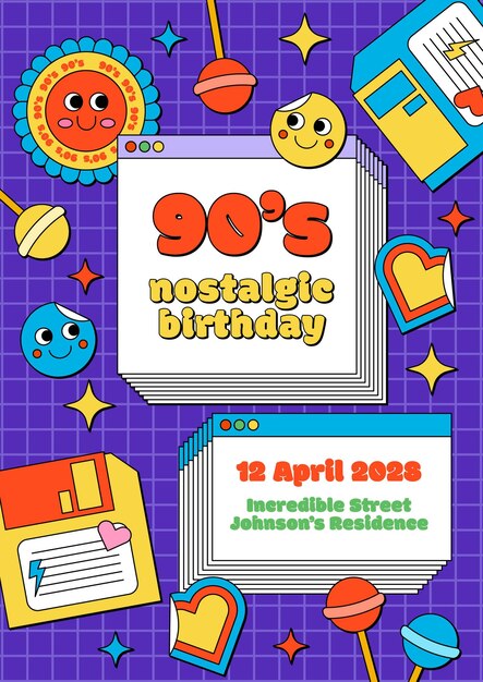 Invitación de cumpleaños nostálgica de los 90 dibujada a mano