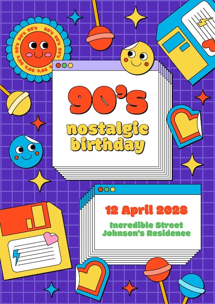 Invitación de cumpleaños nostálgica de los 90 dibujada a mano
