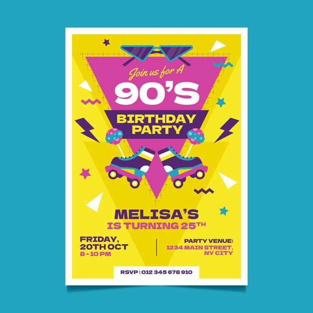 Invitación de cumpleaños nostálgica de diseño plano