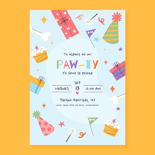 Invitación de cumpleaños de perro dibujada a mano
