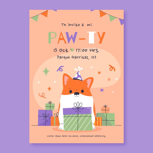 Invitación de cumpleaños de perro dibujada a mano
