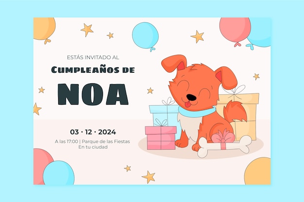 Invitación de cumpleaños de perro dibujada a mano