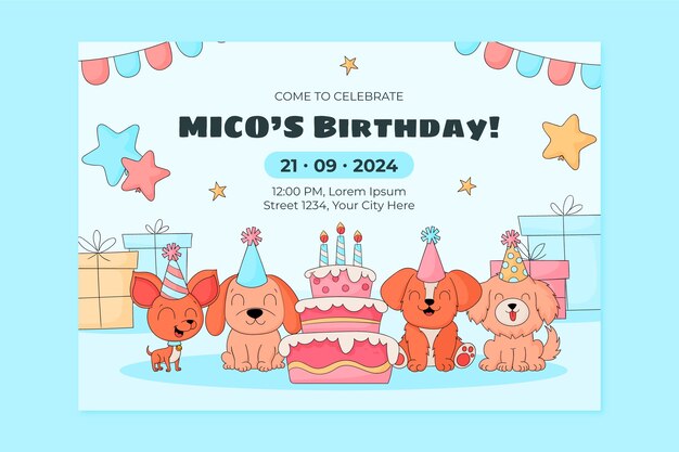 Invitación de cumpleaños de perro dibujada a mano