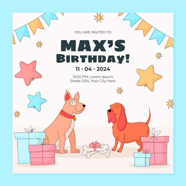Invitación de cumpleaños de perro dibujada a mano