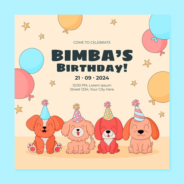 Invitación de cumpleaños de perro dibujada a mano