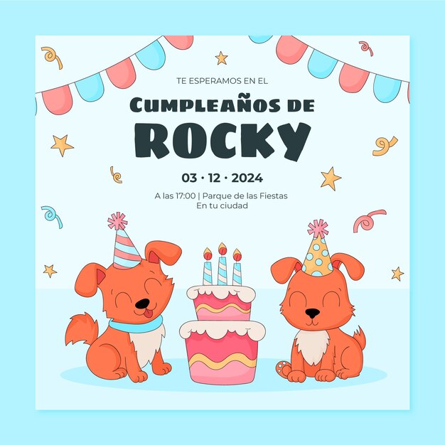 Invitación de cumpleaños de perro dibujada a mano