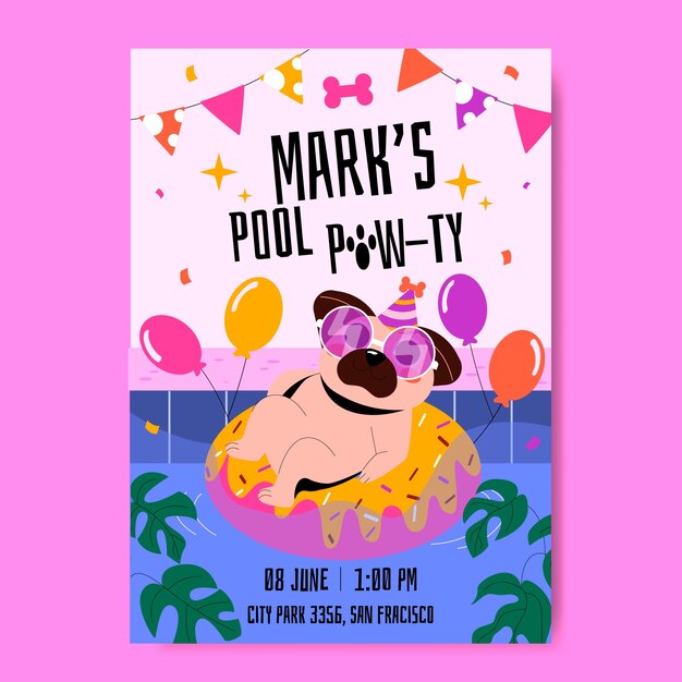 Invitación de cumpleaños de perro dibujada a mano