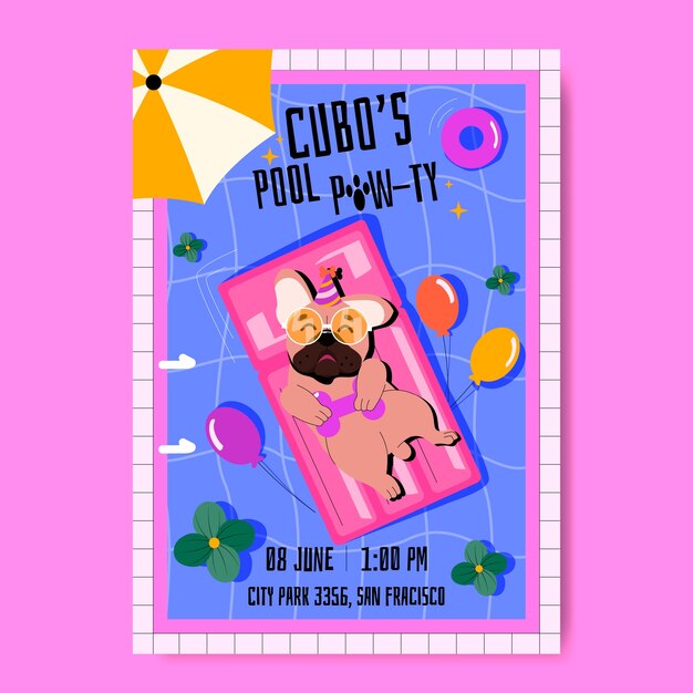 Invitación de cumpleaños de perro dibujada a mano