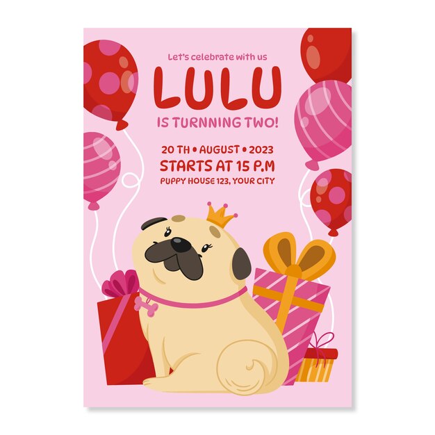 Invitación de cumpleaños de perro dibujada a mano