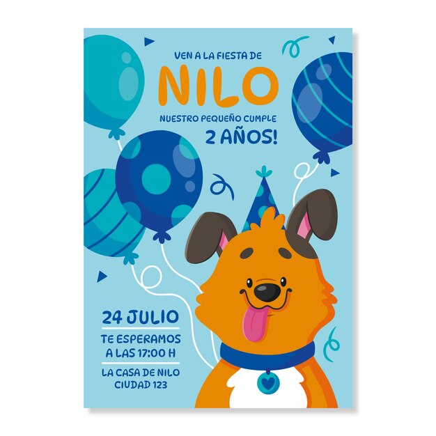 Invitación de cumpleaños de perro dibujada a mano