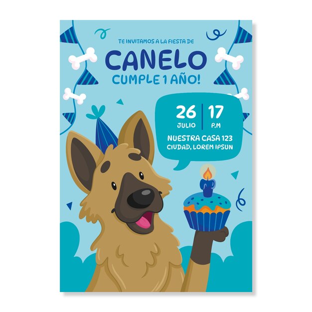 Invitación de cumpleaños de perro dibujada a mano