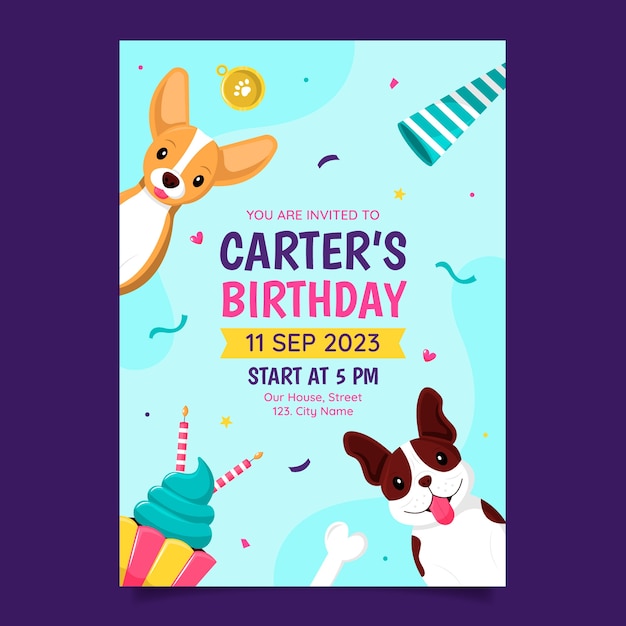 Invitación de cumpleaños de perro dibujada a mano