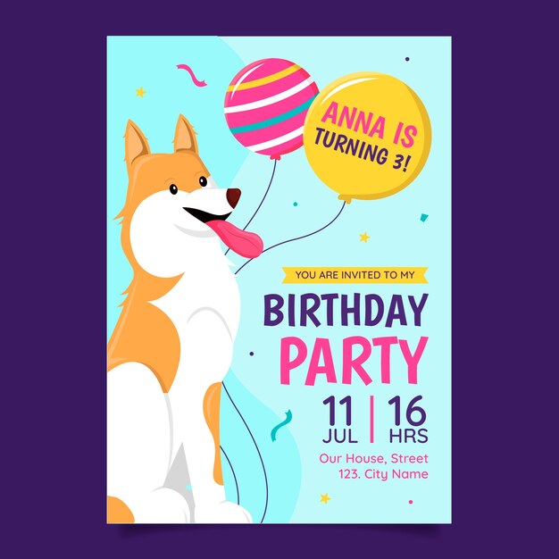 Invitación de cumpleaños de perro dibujada a mano