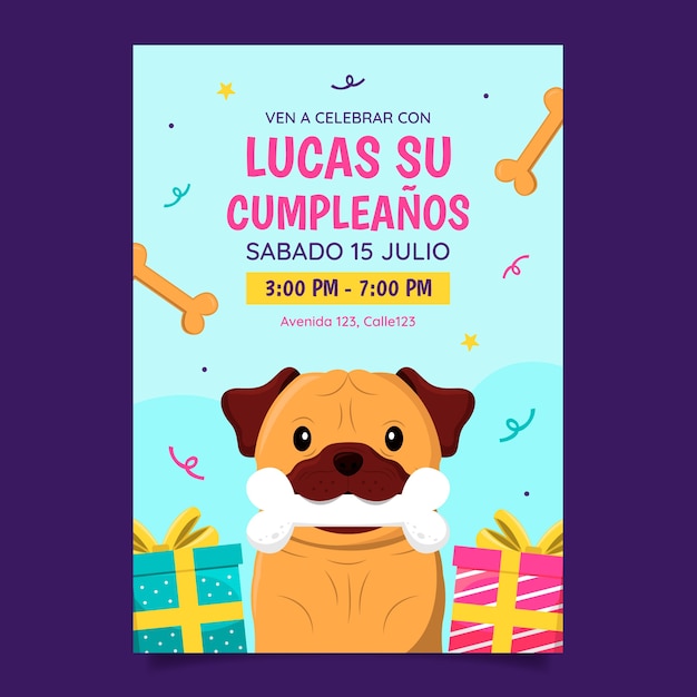 Invitación de cumpleaños de perro dibujada a mano