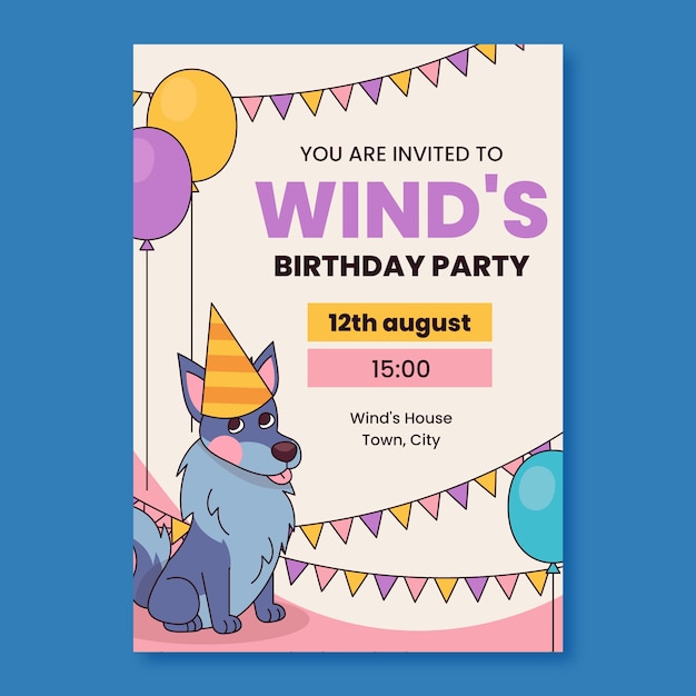 Vector gratuito invitación de cumpleaños de perro dibujada a mano