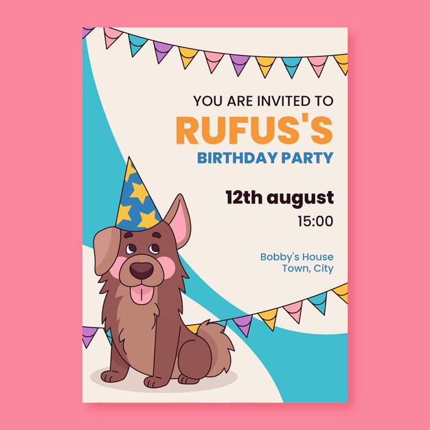 Invitación de cumpleaños de perro dibujada a mano