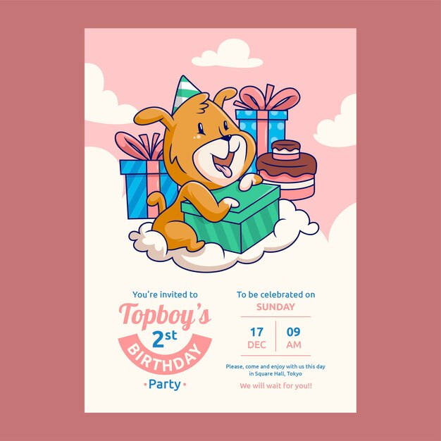 Invitación de cumpleaños de perro dibujada a mano