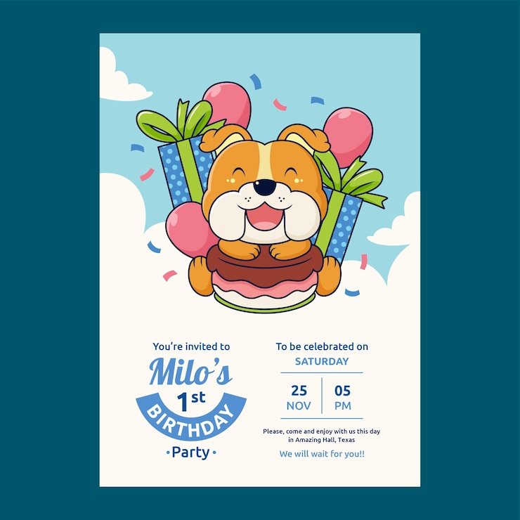 Vector gratuito invitación de cumpleaños de perro dibujada a mano