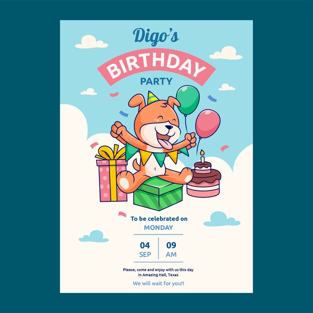 Invitación de cumpleaños de perro dibujada a mano