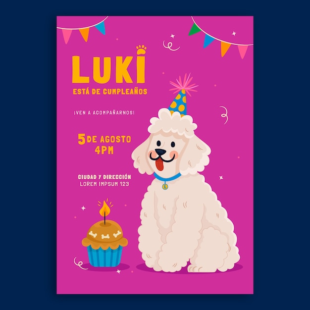 Invitación de cumpleaños de perro dibujada a mano