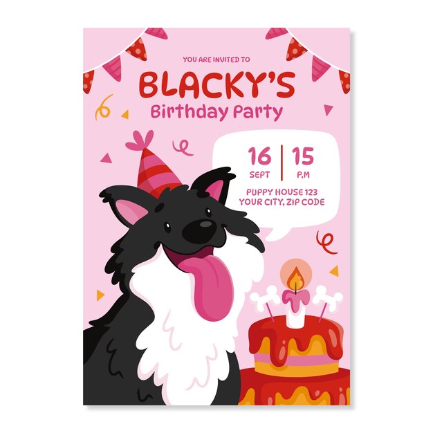 Invitación de cumpleaños de perro dibujada a mano