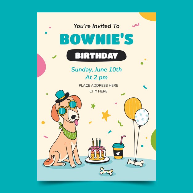 Invitación de cumpleaños de perro dibujada a mano