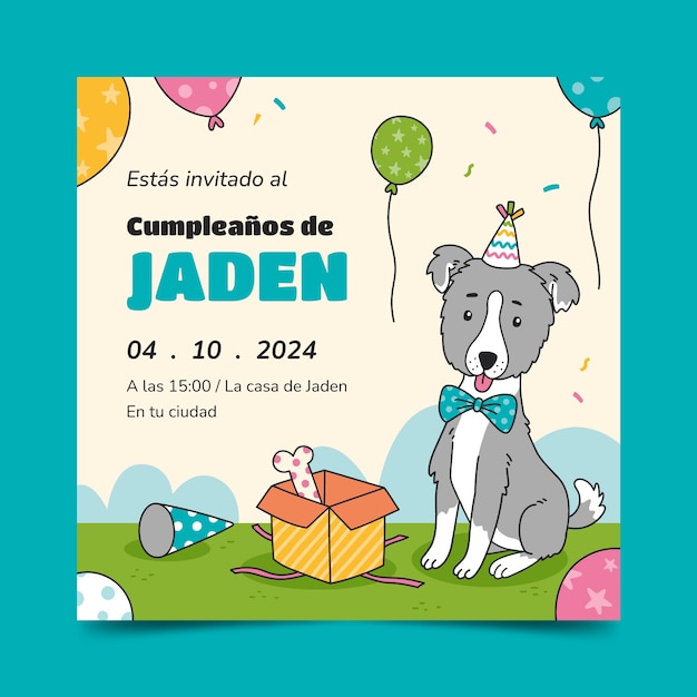 Invitación de cumpleaños de perro dibujada a mano