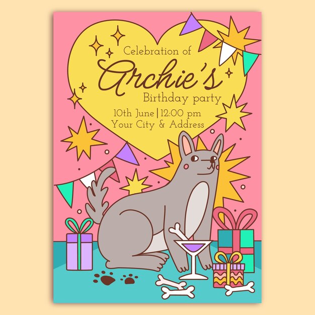 Invitación de cumpleaños de perro dibujada a mano