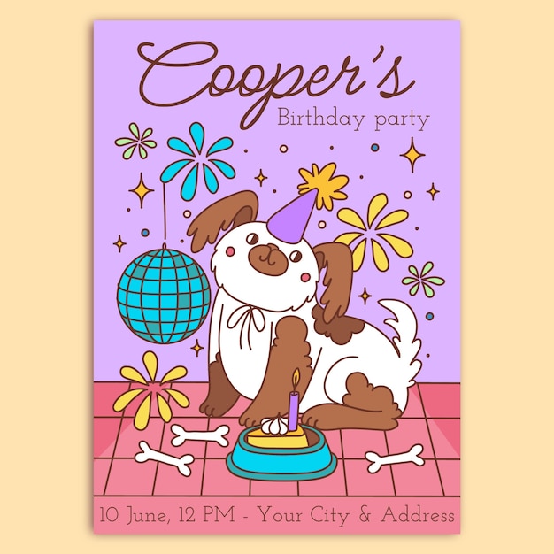 Invitación de cumpleaños de perro dibujada a mano