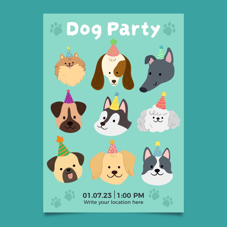 Invitación de cumpleaños de perro dibujada a mano