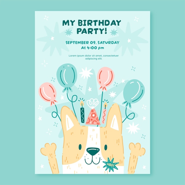Invitación de cumpleaños de perro de diseño plano