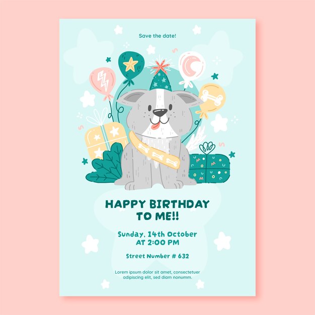 Invitación de cumpleaños de perro de diseño plano