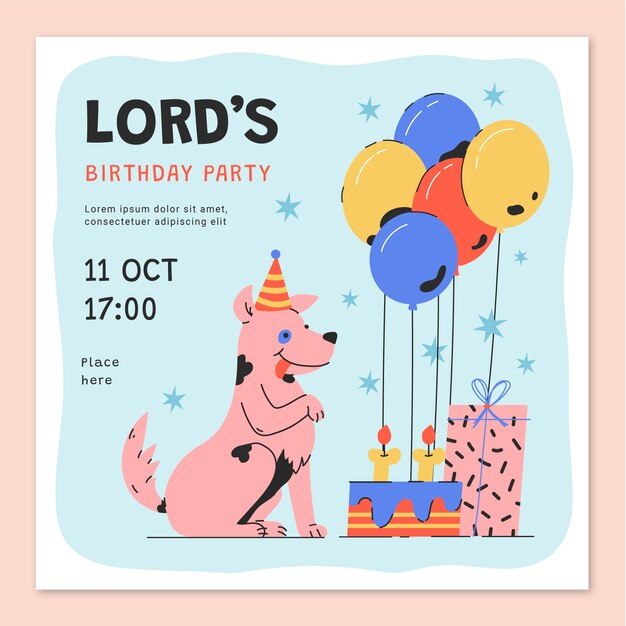 Invitación de cumpleaños de perro de diseño plano