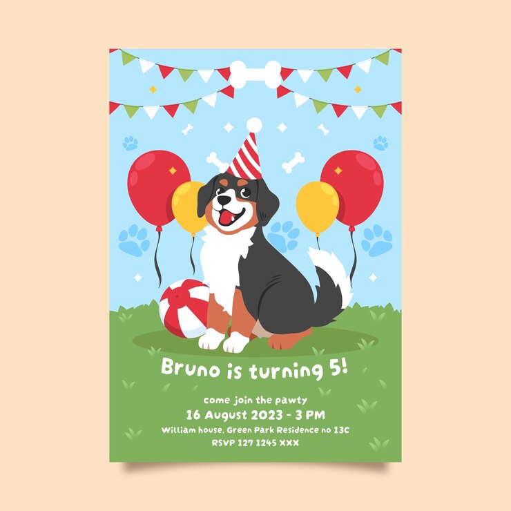 Vector gratuito invitación de cumpleaños de perro de diseño plano