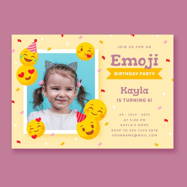 Invitación de cumpleaños plana emoji con foto