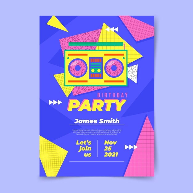 Invitación de cumpleaños plana nostálgica de los 90