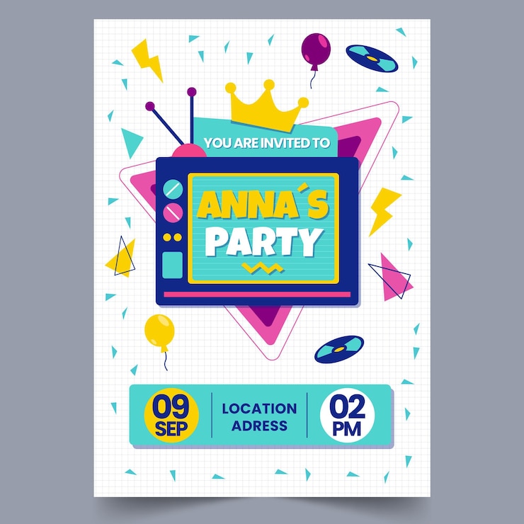 Vector gratuito invitación de cumpleaños plana nostálgica de los 90