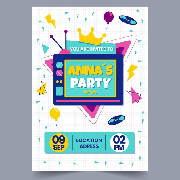 Invitación de cumpleaños plana nostálgica de los 90