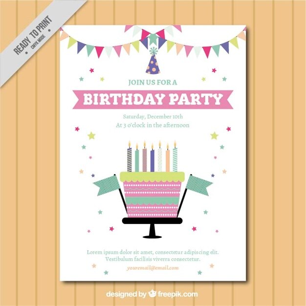 Invitación de cumpleaños plana con tarta en colores pastel