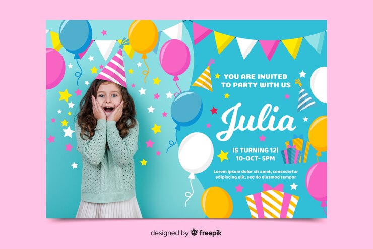 Vector gratuito invitación de cumpleaños de plantilla para niños con imagen