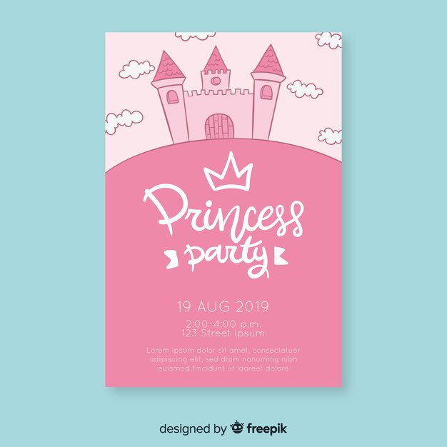 Invitación cumpleaños princesa castillo dibujado a mano
