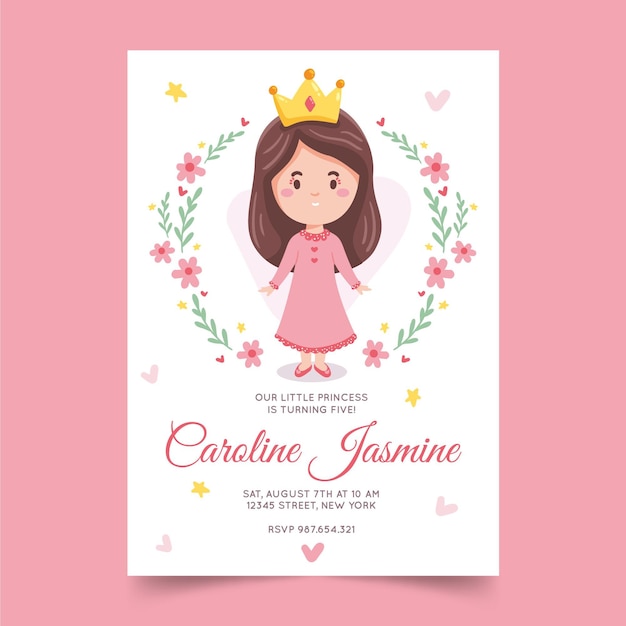 Vector gratuito invitación de cumpleaños princesa dibujada a mano