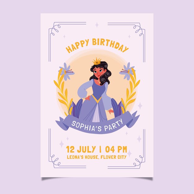 Invitación de cumpleaños princesa dibujada a mano