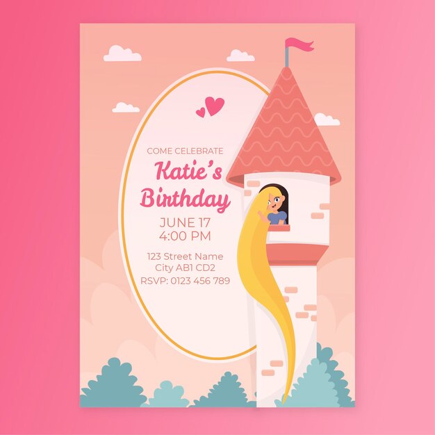 Invitación cumpleaños rapunzel dibujada a mano